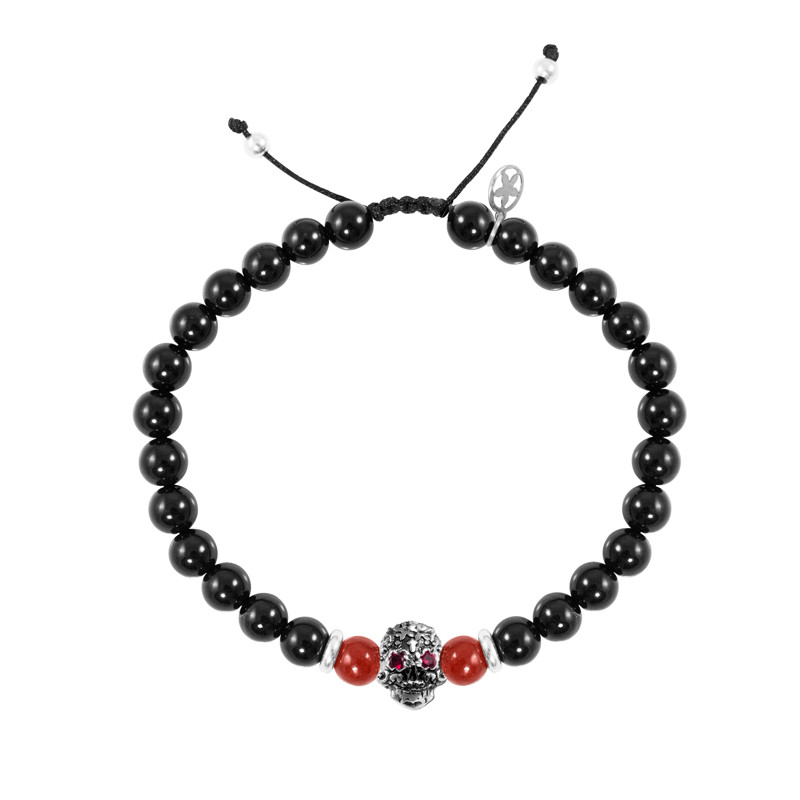 pulsera de bolas rojas con calaveras