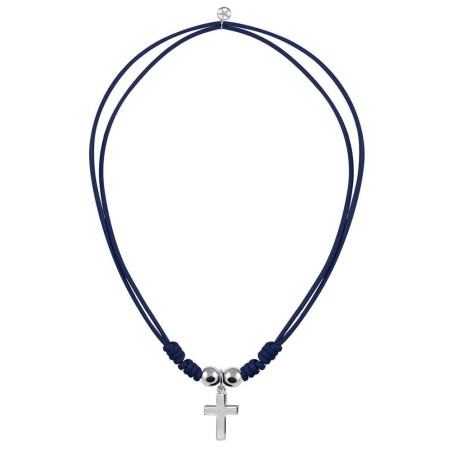 collar cuero azul con cruz plata