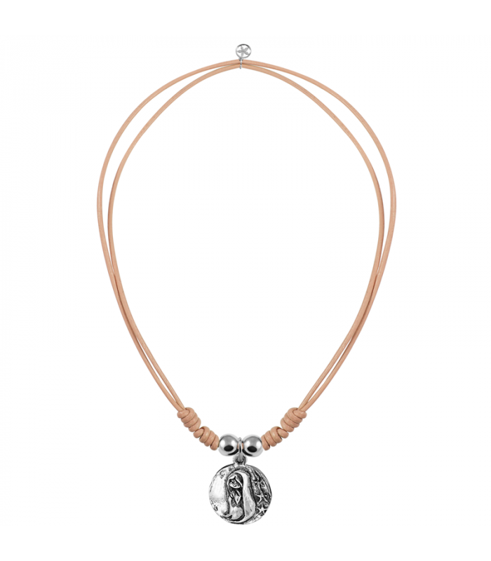 Leather cord necklace in camel with Virgin medal