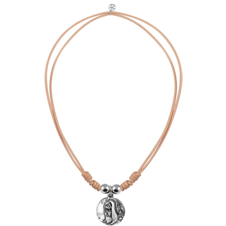 Leather cord necklace in camel with Virgin medal