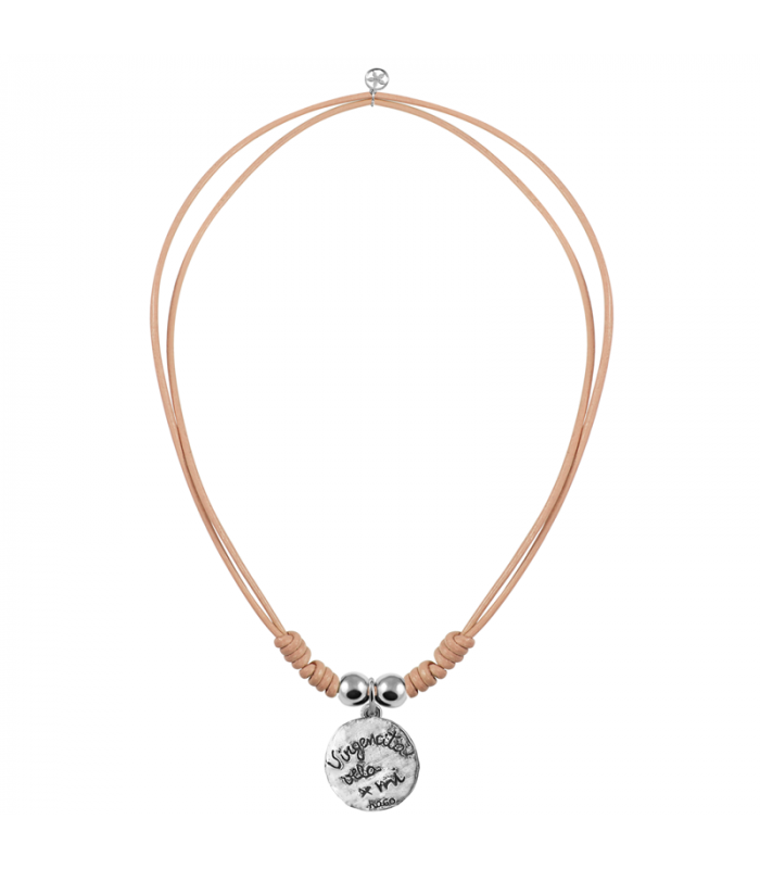 Camel leather cord necklace with Virgin medal and an engraved phrase