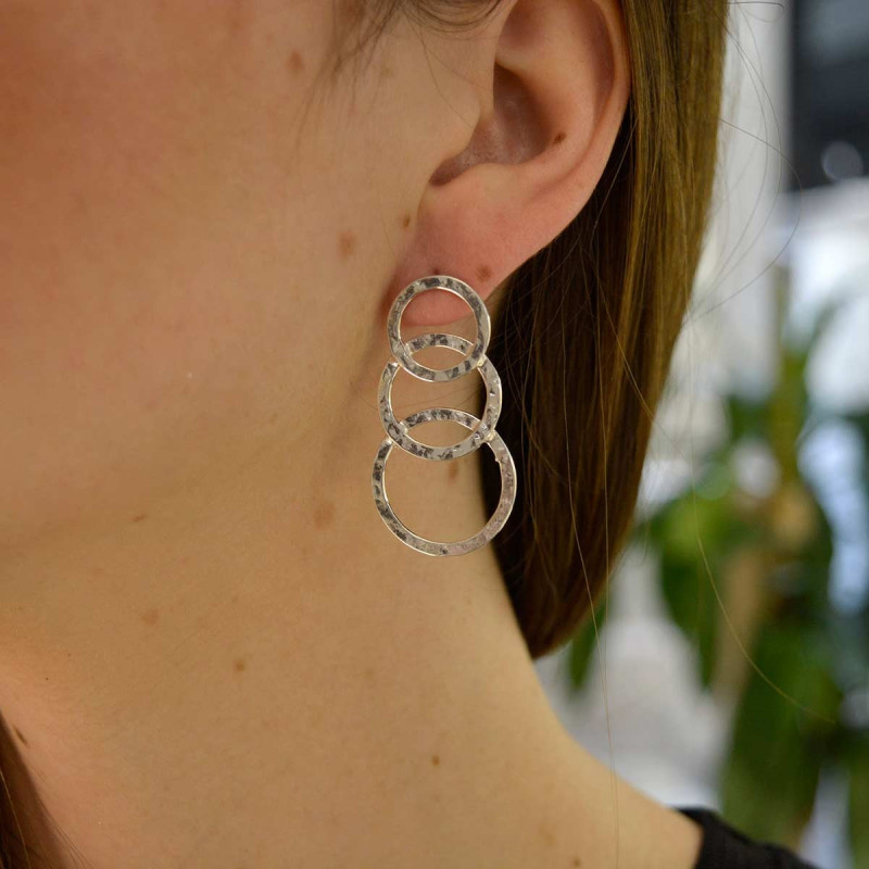 long silver earrings with hoops