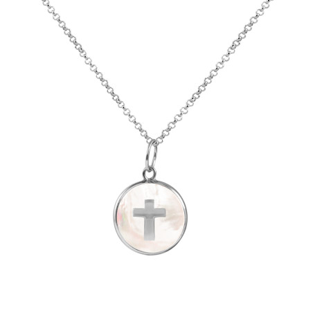 Silver cross and mother of pearl necklace