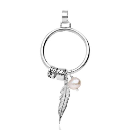 Circle pendant, pearl, feather and personalized earrings