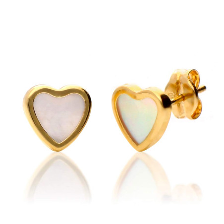 Heart-shaped mother-of-pearl earrings with gold bezel.