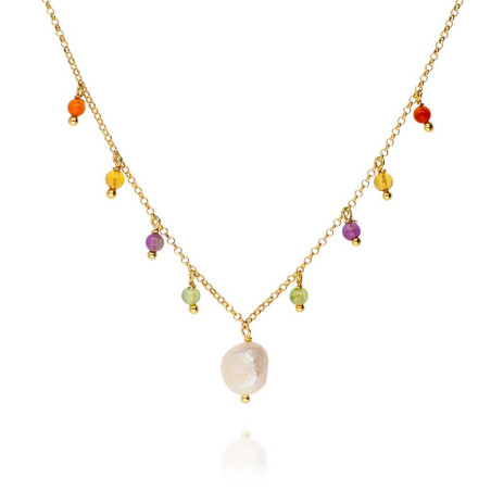 Collar perla central con piedras multicolor colgando