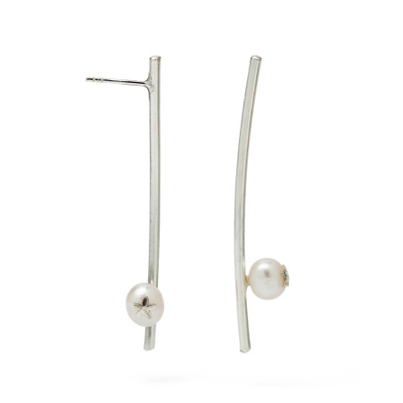 Long silver earrings with a pearl at the end