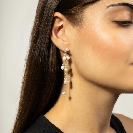 Pendientes largos para bodas en plata y perlas colgando