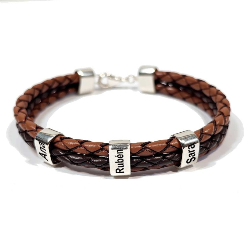 Personalized men's bracelet in silver and braided leather