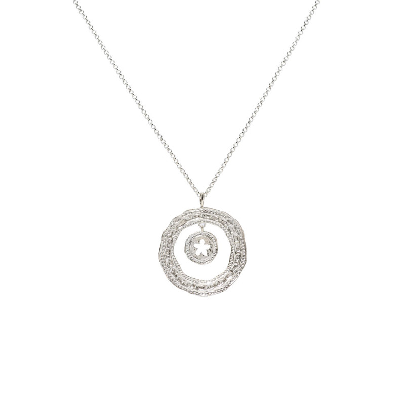 Silver pendant in a circular shape with a jasmine flower