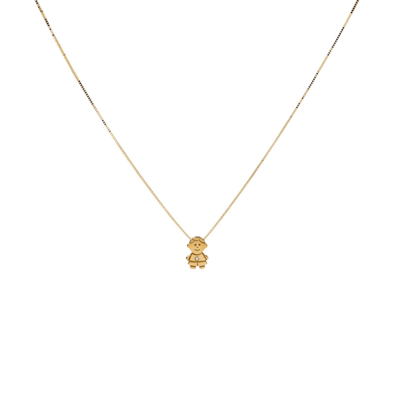 Gold necklace with the figure of a boy and a diamond.