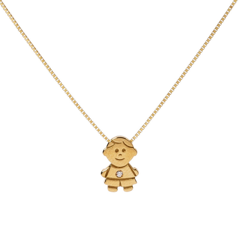 Gold necklace with a silhouette of a child and a diamond — perfect for mothers.