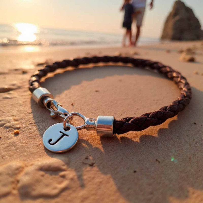 pulsera de cuero trenzado con medalla con la inicial
