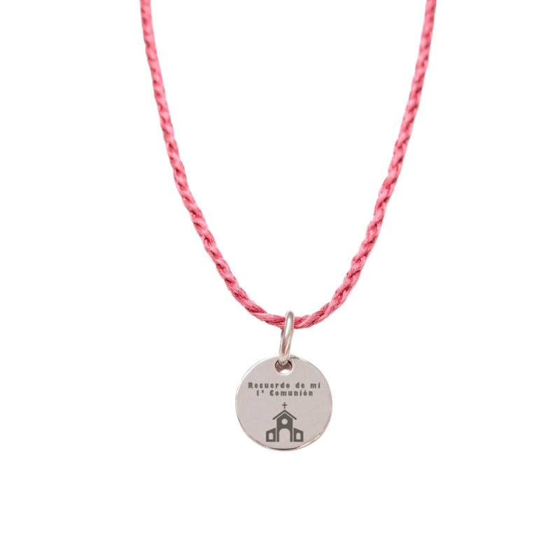 Necklace with pink chain and personalized medal for Communion gifts