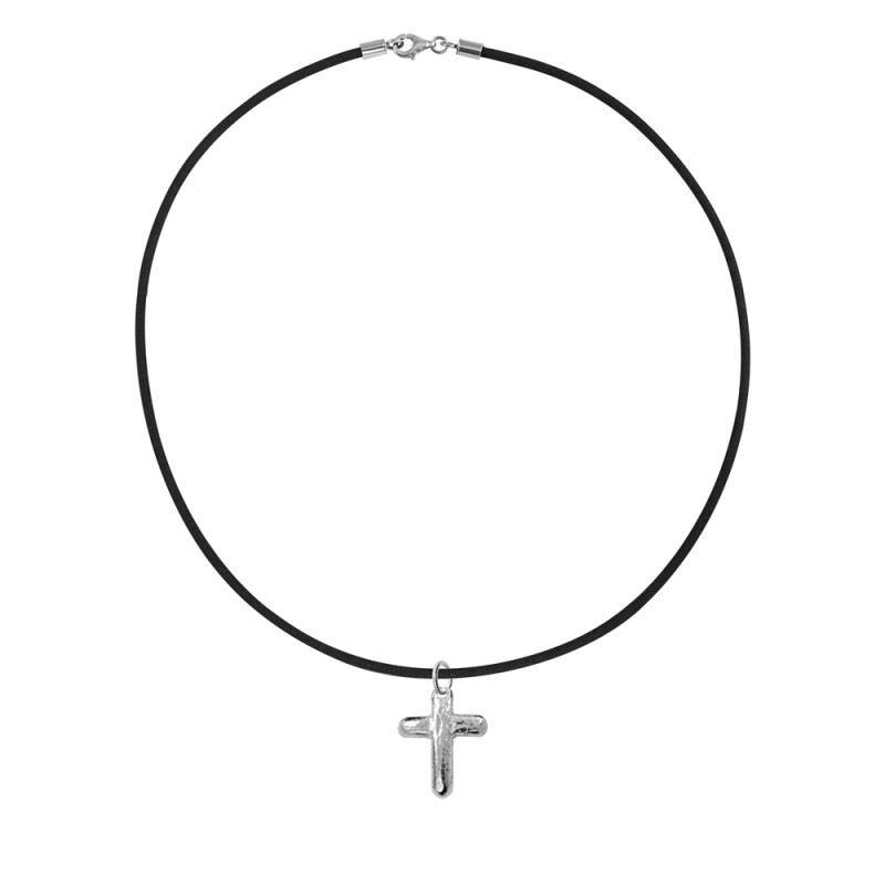 Rough-Finish Cross Pendant with Black Leather Cord