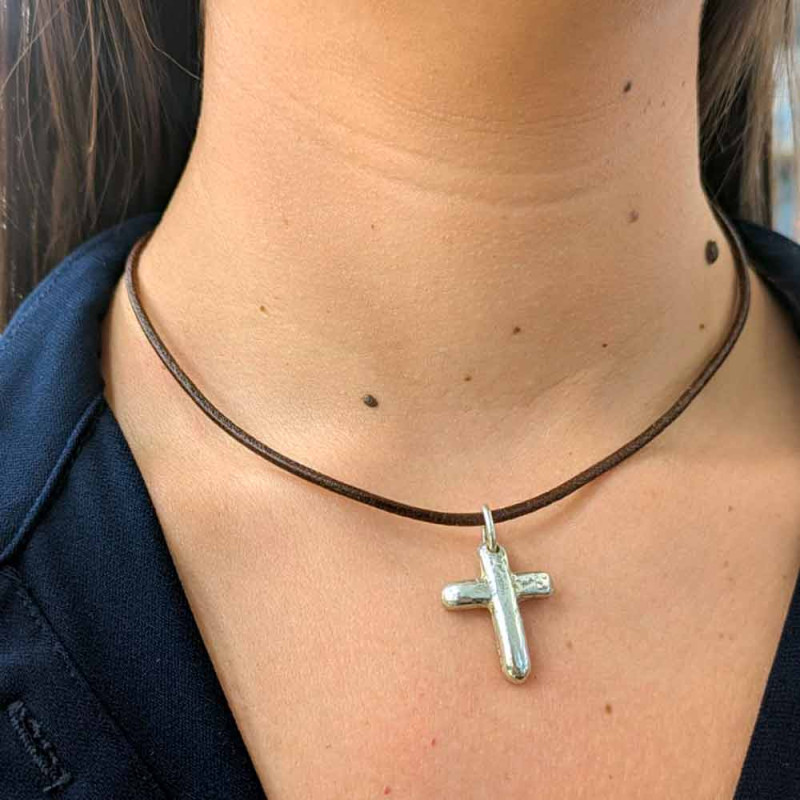 Rough-Finish Silver Cross Pendant for First Communion