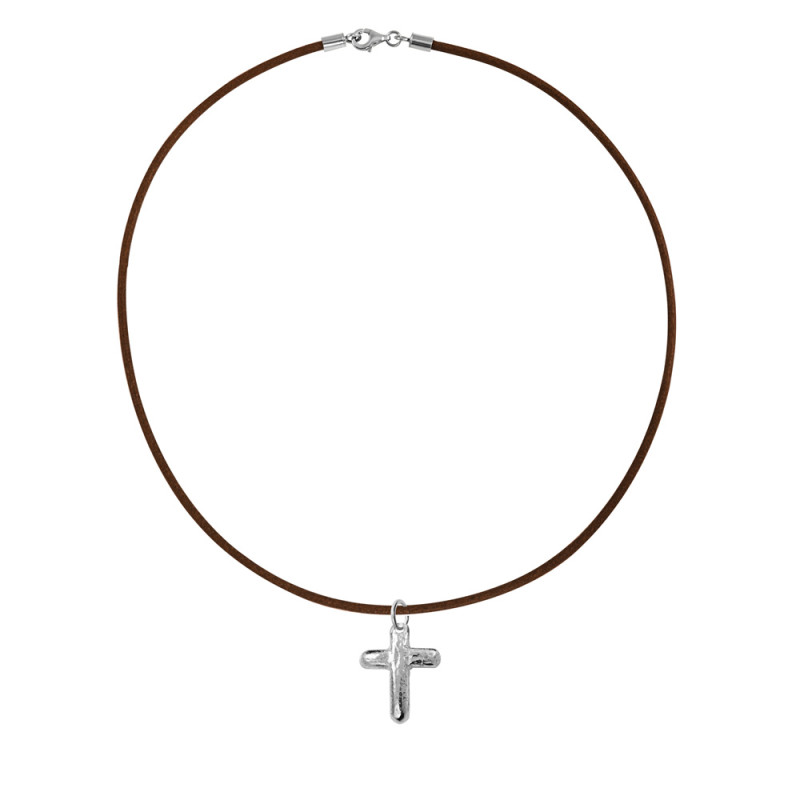 Rough-Finish Cross Pendant with Brown Leather Cord