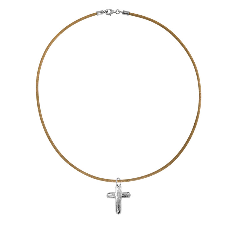 Rough-Finish Cross Pendant with Camel Leather Cord