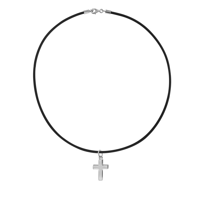 Smooth silver cross pendant with black leather cord
