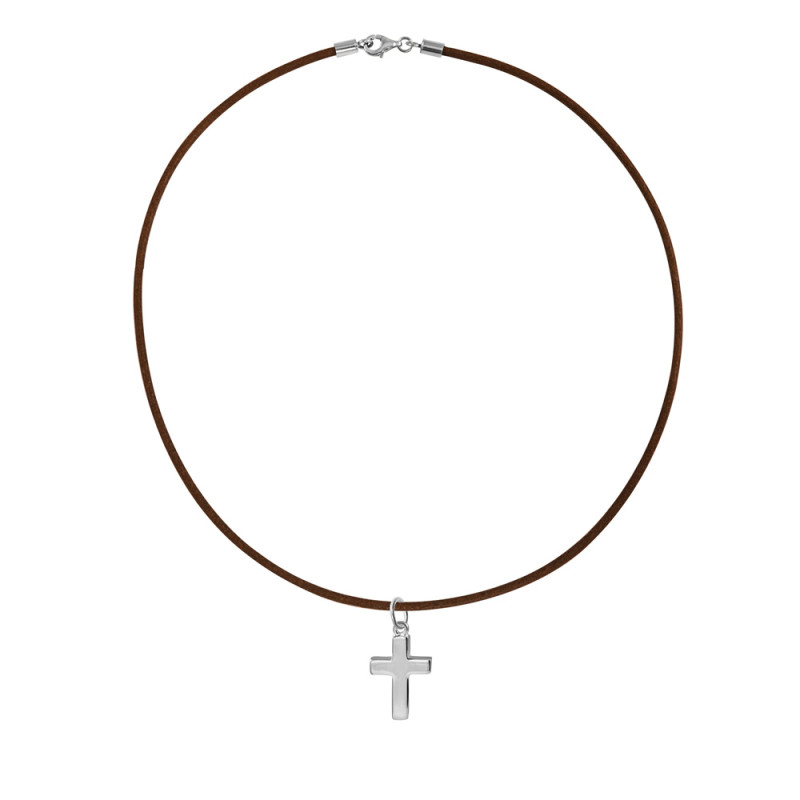 colgante cruz lisa plata con cadena de cuero marron