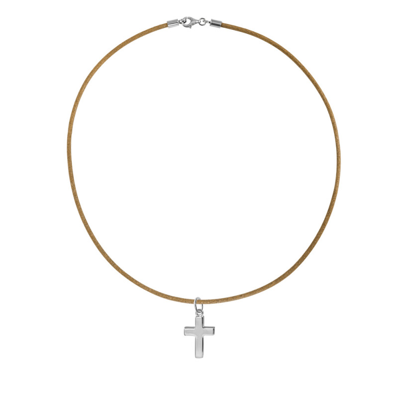 colgante cruz lisa plata con cadena de cuero camel