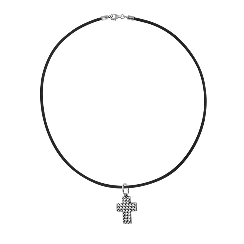 colgante de cruz plata con cadena de cuero negro