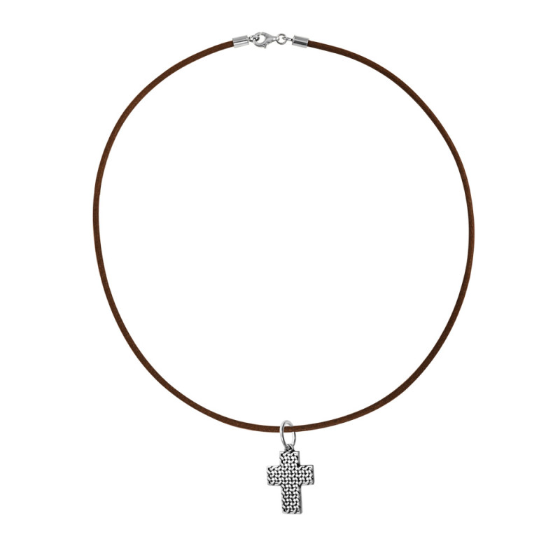 colgante de cruz plata con cadena de cuero marron