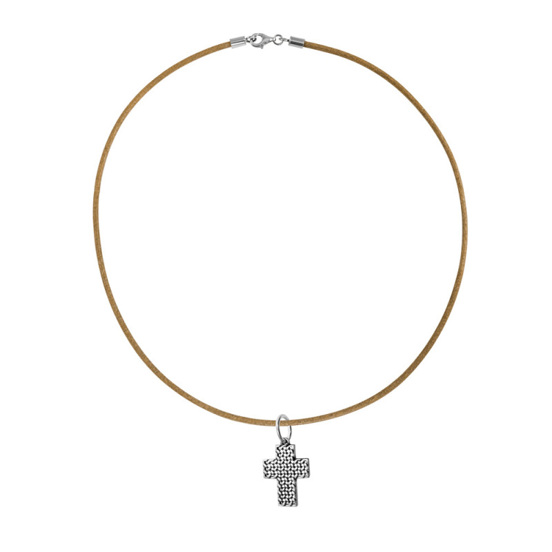 colgante de cruz plata con cadena de cuero camel