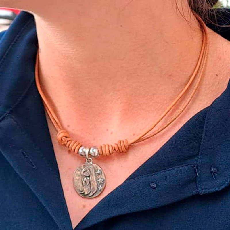 Camel leather cord necklace with Virgin medal, perfect for First Communion gifts
