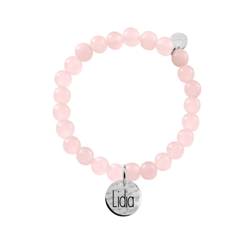 pulsera de cuarzo rosa con plata y nombre