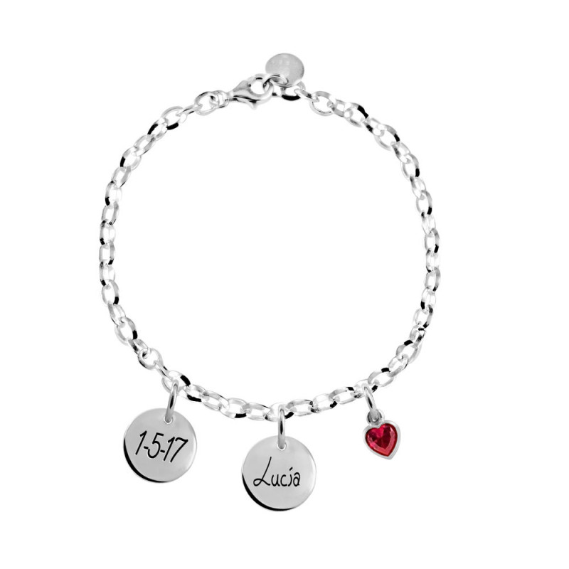 chain bracelet with red heart zirconia and two medals