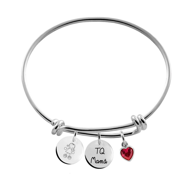 Sterling silver bracelet with red zirconia and two engraved medals.