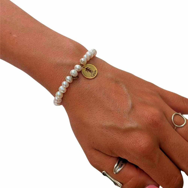 Pearl Stone Bracelet with Cut-Out Medallion and Name Engraving
