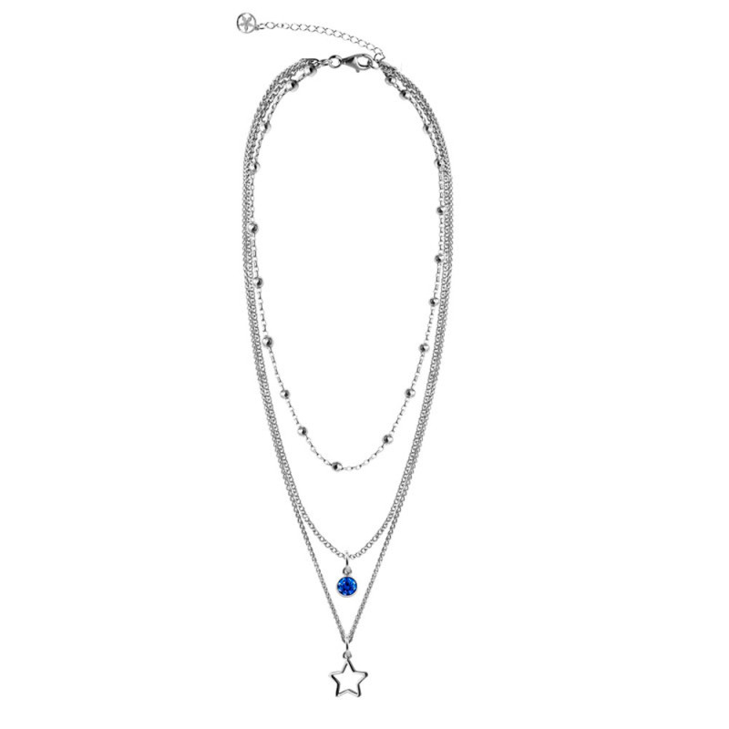 Triple silver necklace with blue zirconia and cut-out star
