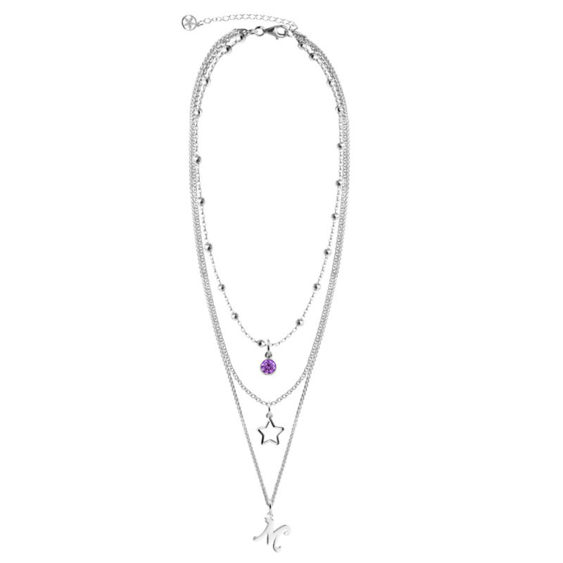 collar plata con inicial, circonita morada y estrella calada