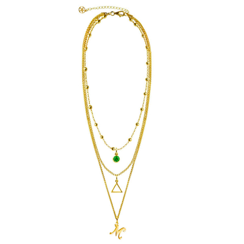 collar dorado con inicial, circonita verde y triangulo