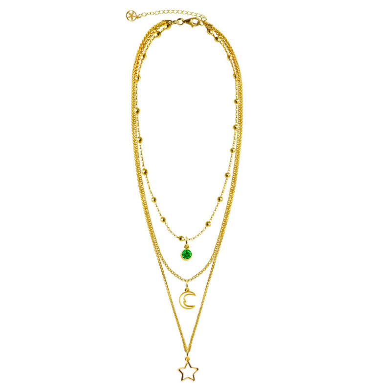 necklace with green zirconia, moon and cut-out star